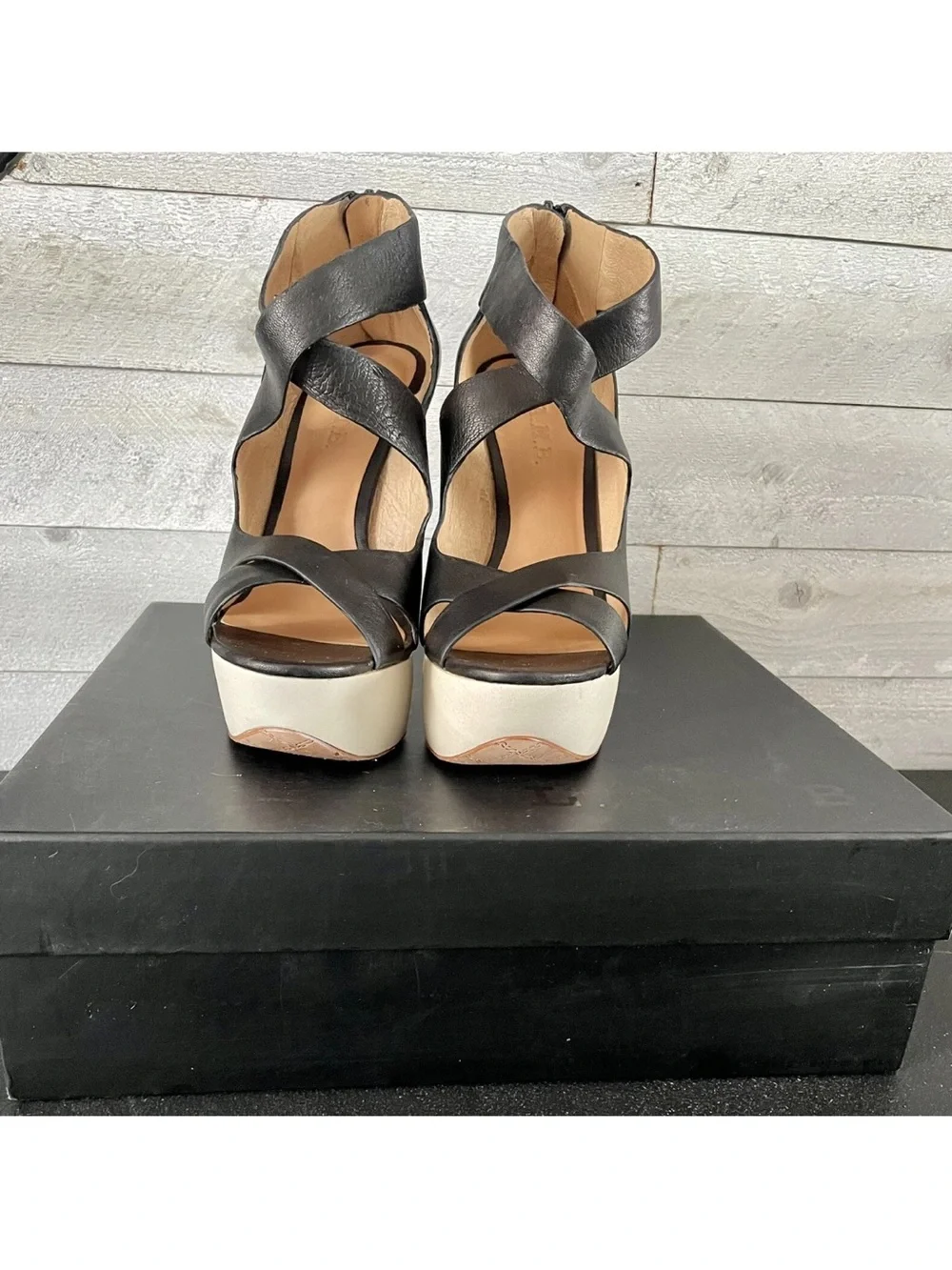 LAMB Black Leather Crisscross Platform Sandals with Cream Platform